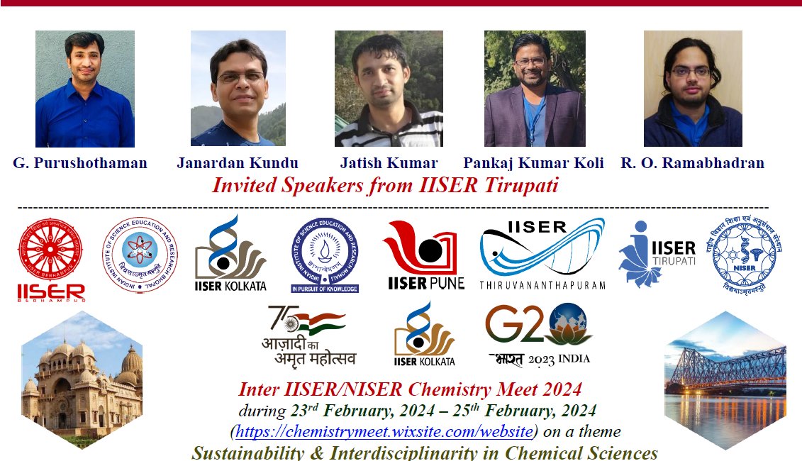 Excited to announce that G. Purushothaman, Janardan Kundu, Jatish Kumar, Pankaj Kumar Koli, and R. O. Ramabhadran from IISER Tirupati will be delivering invited lectures at IINCM 2024 hosted by IISER Kolkata! @IiserTirupati @dcsiiserkol. chemistrymeet.wixsite.com/website