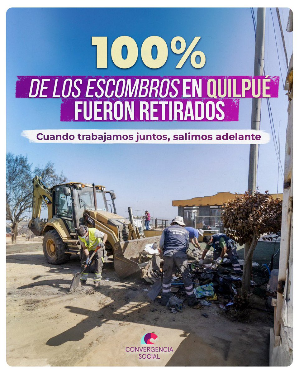 🙌Mientras avanza la entrega de ayudas para las familias, el trabajo conjunto entre la comunidad, la Municipalidad de Quilpué, el Gobierno y voluntarios ya permitió que todos los escombros en Quilpué y Villa Alemana sean retirados. 
 
¡Cuando trabajamos juntos, salimos adelante!