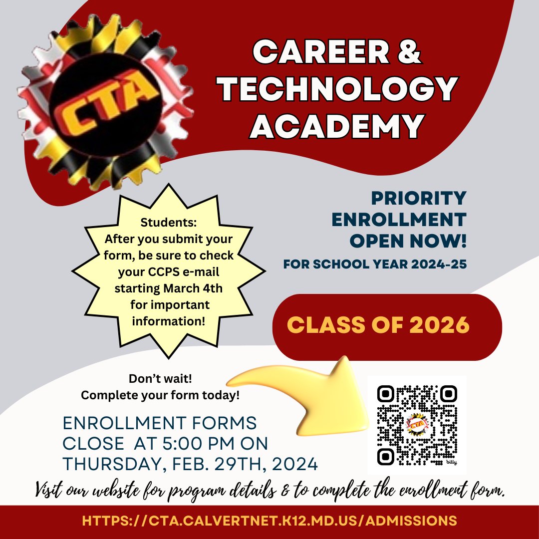 REMINDER-The on-time enrollment form deadline for the Career and Technology Academy next school year is Feb. 29, 5 pm. The enrollment form cta.calvertnet.k12.md.us/admission must be submitted using a CCPS student's Office 365 account. For more details, contact your child's school counselor.