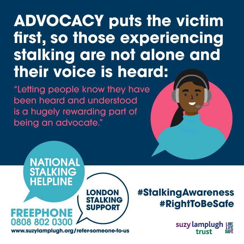 Suzy Lamplugh Trust (@live_life_safe) on Twitter photo You are not alone.
If you, or someone you know, has been a victim of stalking, you can get in contact with <a href="/TalkingStalking/">Stalking Helpline UK</a> at 0808 802 0300 or through our online tool suzylamplugh.org/am-i-being-staā¦.
#StalkingAwareness You are not alone.
If you, or someone you know, has been a victim of stalking, you can get in contact with <a href="/TalkingStalking/">Stalking Helpline UK</a> at 0808 802 0300 or through our online tool suzylamplugh.org/am-i-being-staā¦.
#StalkingAwareness