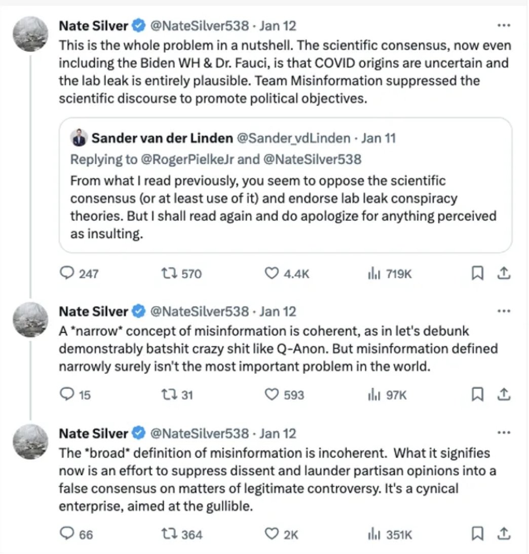 Dear @Sander_vdLinden: I was not previously aware of your debate w/ @NateSilver538 but he is on solid ground with his critique of your arguments + the #misinfo field generally — @thackerpd summarizes the debate in detail here: open.substack.com/pub/disinforma… Silver's arguments echo the…