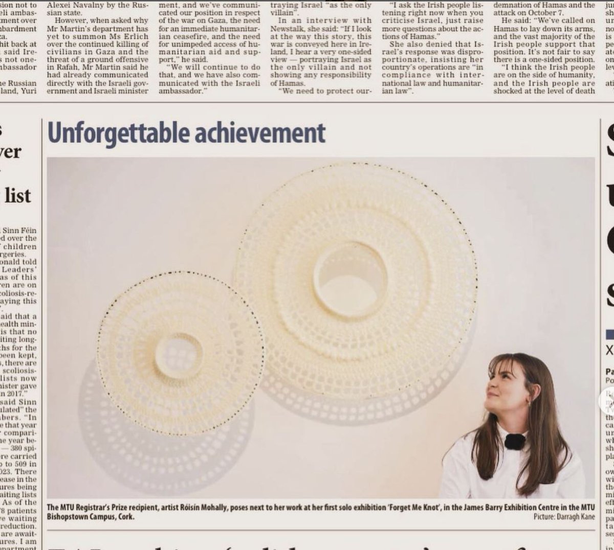 Absolutely over the moon, that images from Róisín Mohally's beautiful exhibit & debut solo exhibition 'FORGET ME KNOT' featured in todays @irishexaminer & @IrishTimes! Pic by @DKanePhoto #MTUArts #MTUArtsRichTechnologicalUniversity #RoisinMohally