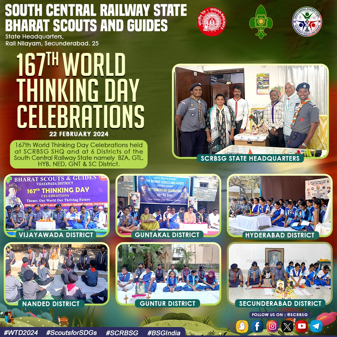 SCRBSG (@scrbsg) on Twitter photo 167th World Thinking Day Celebrations across the South Central Railway State Bharat Scouts and Guides
<a href="/bsgnhq/">Bharat Scouts and Guides, India</a> <a href="/scouts/">Scouts</a> <a href="/gmscrailway/">General Manager,South Central Railway</a>
<a href="/arunjainir/">Arun Jain</a>
<a href="/SCRailwayIndia/">South Central Railway</a>
<a href="/RailMinIndia/">Ministry of Railways</a>
#thinkingdayandfoundersday #bsgindia #scrbsg #wosm #wagggs #scouts #scrailway 167th World Thinking Day Celebrations across the South Central Railway State Bharat Scouts and Guides
<a href="/bsgnhq/">Bharat Scouts and Guides, India</a> <a href="/scouts/">Scouts</a> <a href="/gmscrailway/">General Manager,South Central Railway</a>
<a href="/arunjainir/">Arun Jain</a>
<a href="/SCRailwayIndia/">South Central Railway</a>
<a href="/RailMinIndia/">Ministry of Railways</a>
#thinkingdayandfoundersday #bsgindia #scrbsg #wosm #wagggs #scouts #scrailway