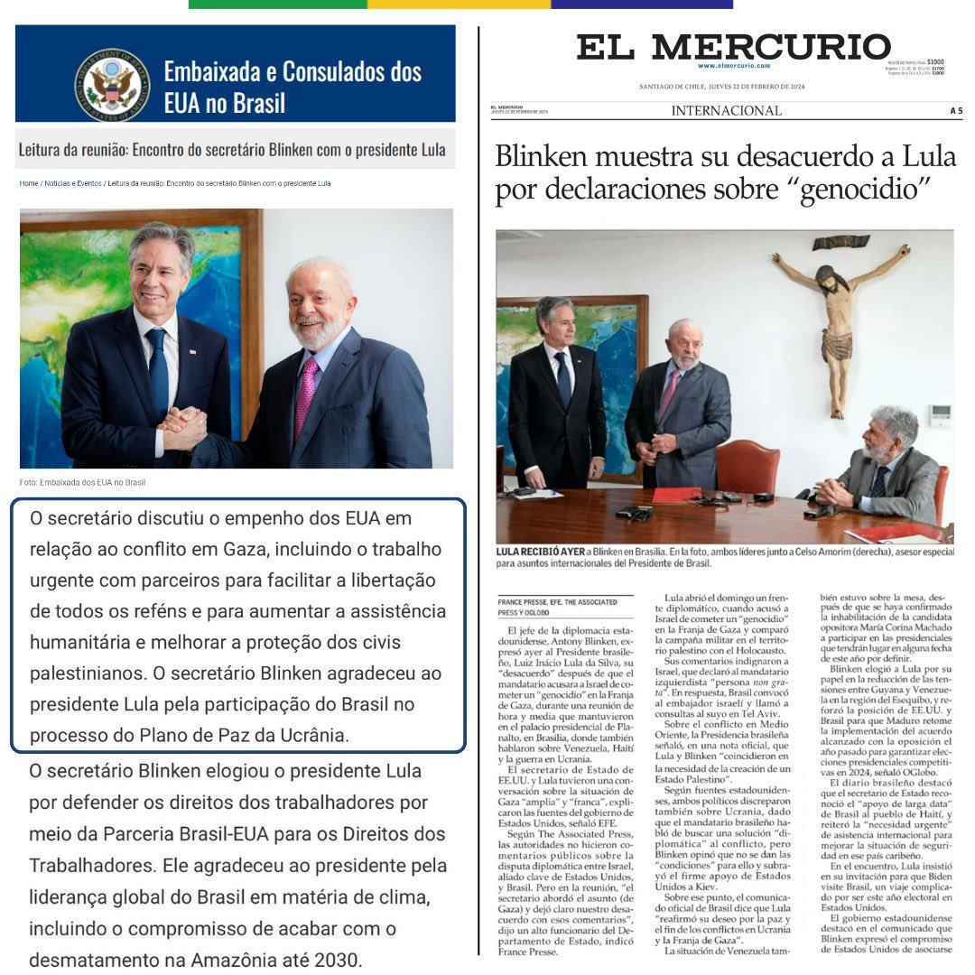 emb_brasilchile's tweet photo. Una vez más, diario @ElMercurio_cl divulga una noticia falsa sobre el tema tratado en el editorial titulado "Lula, Gaza y el Holocausto", desmentido en la carta del embajador de Brasil en Chile, publicada en la edición de hoy.

En la edición de este jueves 22, El Mercurio publicó que "Blinken muestra su desacuerdo a Lula por declaraciones sobre 'genocidio'", sin embargo, en la noticia divulgada por la Embajada de Estados Unidos en Brasil no menciona nada sobre genocidio.

El Mercurio, además, en el mismo artículo prefiere afirmar que "ambos políticos discreparon sobre Ucrania", lejos de lo que expresa la nota de la Embajada de Estados Unidos en Brasil: "El secretario Blinken agradeció al presidente Lula por la participación de Brasil en el proceso del Plan de Paz de la Ucrania".

Link a ambas noticias: 

➡ https://t.co/XUsk4SuTUD

➡ https://t.co/OAlwgCg4Qd