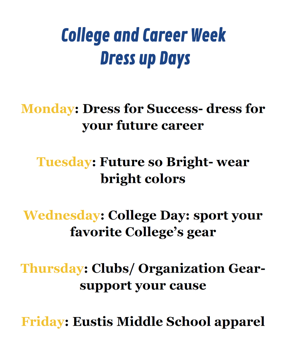 Next week (2/26-3/1) is our AVID College &amp; Career Spirit Week. Each day, we have a different dress up day for our students along with other daily activities in our classes. We hope you will participate with us and encourage our students to work hard to be college &amp; career ready!