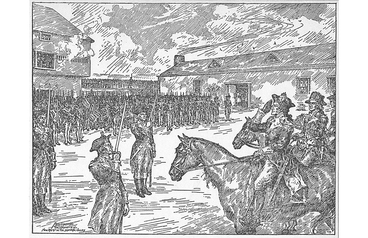 FortPlainMuseum's tweet photo. Happy Birthday George Washington! We celebrate and honor with appreciation the legacy of George Washington for his leadership and service during the infancy of our great country. Sketch is by historian Nelson Greene and is of General Washington reviewing the troops at Fort Plain. https://t.co/ln6iYtfqGK