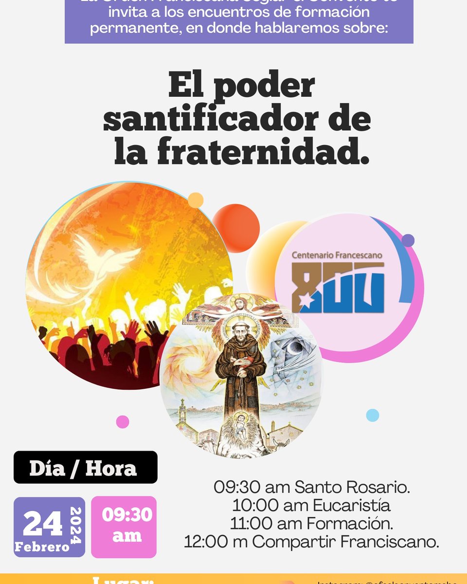 OFSElConvento's tweet photo. La Orden Franciscana Seglar es una comunidad de hermanos y hermanas que comparten la misma fe en Dios y el llamado a vivir el carisma franciscano.

¡ TE INVITAMOS este próximo sábado,en el marco de la celebración del 800 centenario franciscano ! 👇 https://t.co/yXVnO82dur