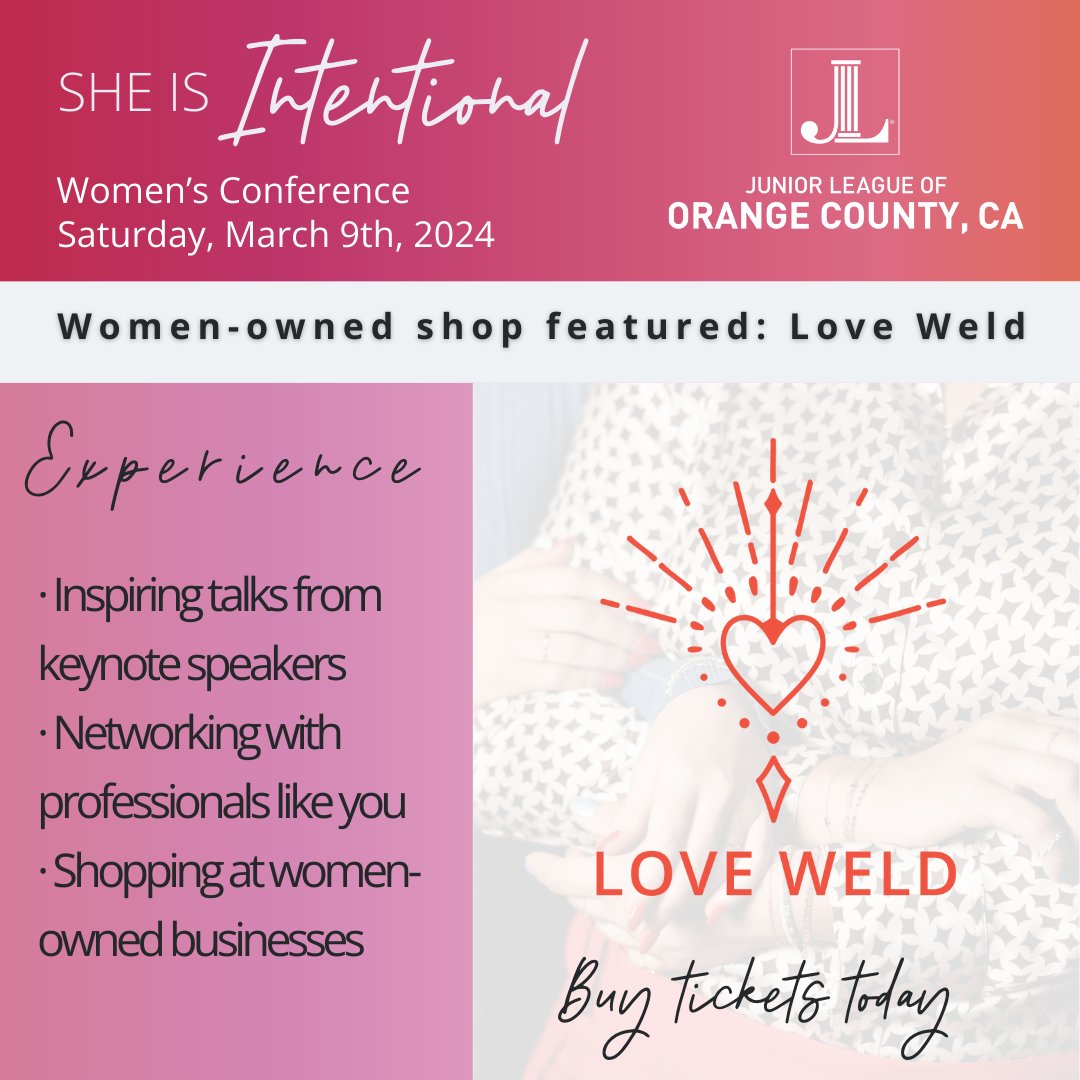 JuniorLeague_OC's tweet photo. 🌟 We're thrilled to welcome Love Weld as a vendor at the March 9th JLOCC She Is Intentional conference! Discover their beautifully crafted products that celebrate love and connection. Join us for a day of empowerment and spreading love! 💕
#SheIsIntentional #VendorSpotlight https://t.co/BVR5m21GRn