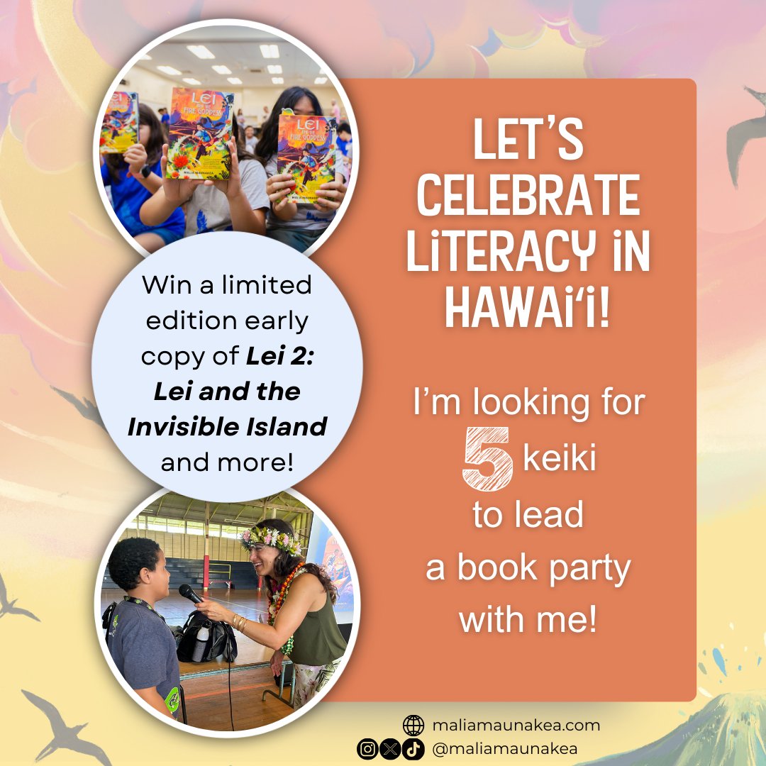 ✨CONTEST TIME!✨

📣I'm looking for 5 of Hawaiʻi's keiki to lead a book party with me! 📣

The leaders will be given a limited edition early copy of the second book in the series: 🏝️Lei and the Invisible Island🏝️ to read with their ‘ohana* before ANYONE else gets it!
(1/5)