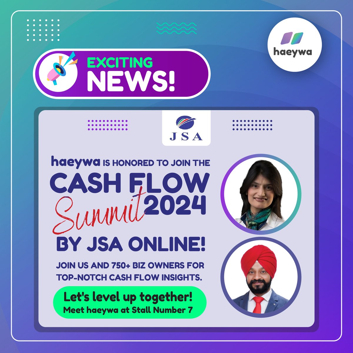 We're thrilled to announce that haeywa has been invited to the Cash Flow Summit 2024 by JSA Online! Get ready for a game-changing experience.
Learn more about haeywa at stall number 7.

To Register: bit.ly/Shilpa-CashFlo…

#CashFlowSummit2024 #JSAOnline  #haeywa
