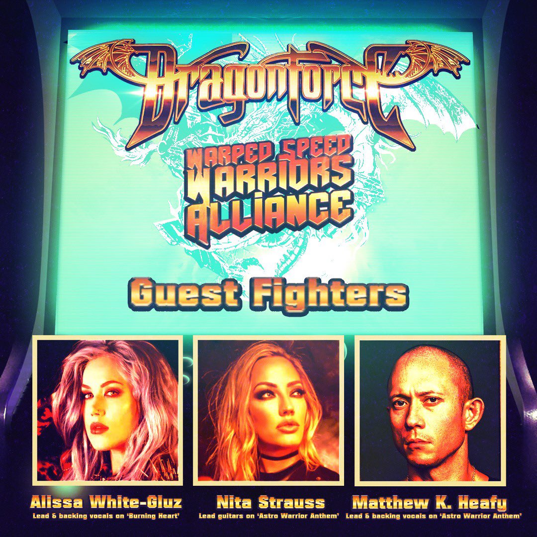 DragonForce's tweet photo. Alissa White-Gluz, Matthew K. Heafy and Nita Strauss will have exclusive guest appearances on the deluxe bundle edition of 'Warp Speed Warriors’ out March 15th! 🤘🤘

Limited to just 300 units, this collector's dream includes not just the epic album but a treasure trove of exclusives: a Digisleeve CD, a Bonus CD in Jewelcase featuring our guest stars, a wristband, a poster flag, and a unique gaming coin on a leather cord, all encased in a bespoke gym bag.

Pre-order your copy now: https://t.co/EPFgXlM3iK 

#DragonForce #warpspeedwarriors