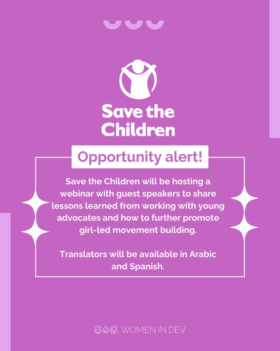 Women in Dev (@womendev) on Twitter photo ๐ข <a href="/savechildrenuk/">Save the Children UK</a> will be hosting a webinar on 6th March 2024 at 14:00 PM GMT to highlight lessons learned and insight into what you can do to promote girl-driven change.
Register here: bit.ly/3UOF8yX. ๐ข <a href="/savechildrenuk/">Save the Children UK</a> will be hosting a webinar on 6th March 2024 at 14:00 PM GMT to highlight lessons learned and insight into what you can do to promote girl-driven change.
Register here: bit.ly/3UOF8yX.