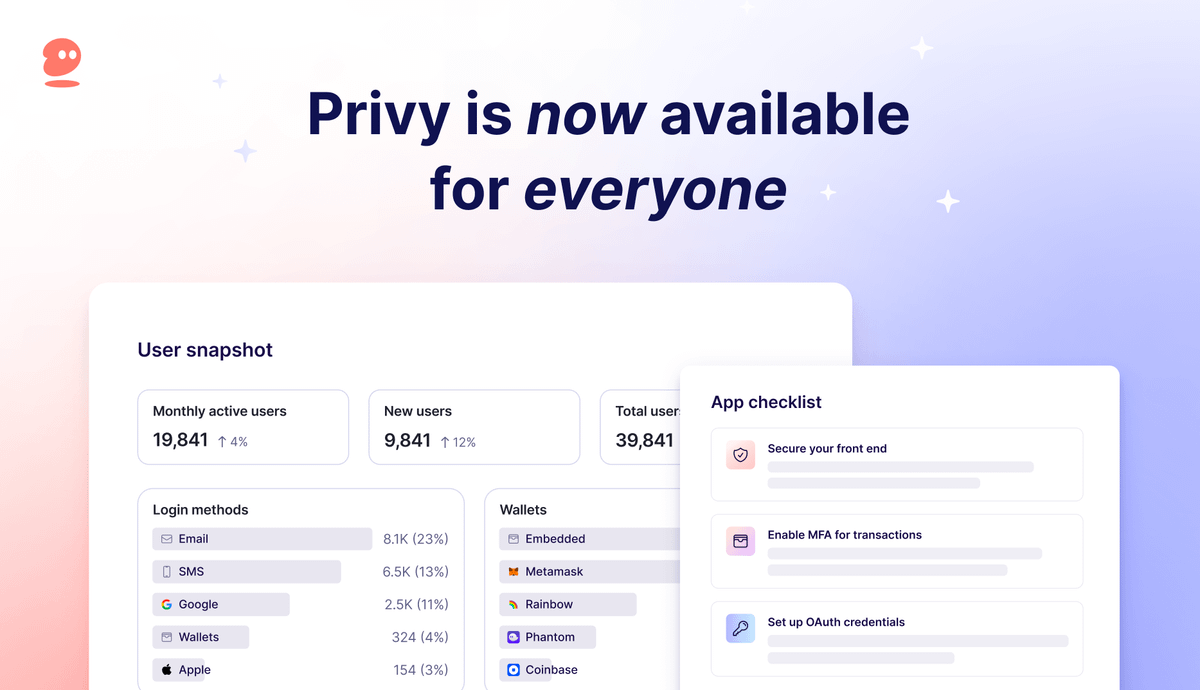 1/ Privy is now available for everyone! After 15 months, 2.5M users onboarded, 902 SDK releases and 5 audits, we're opening up so anyone can sign up to Privy We're excited to serve the next generation of crypto apps by making it seamless for them to onboard and engage everyone