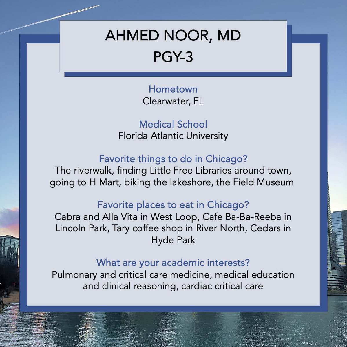 Joining us from Clearwater, FL today's resident spotlight: Ahmed Noor! #GoFlames #UICIM