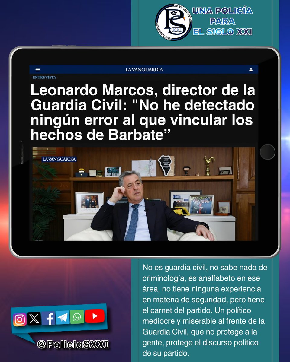 PoliciaSXXI's tweet photo. No es guardia civil, no sabe nada de criminología, no tiene ninguna experiencia en materia de seguridad, pero tiene el carnet del partido. Un político mediocre y miserable al frente de la Guardia Civil, que no protege a la gente, protege el discurso político de su partido. https://t.co/pcvQf9H5SJ