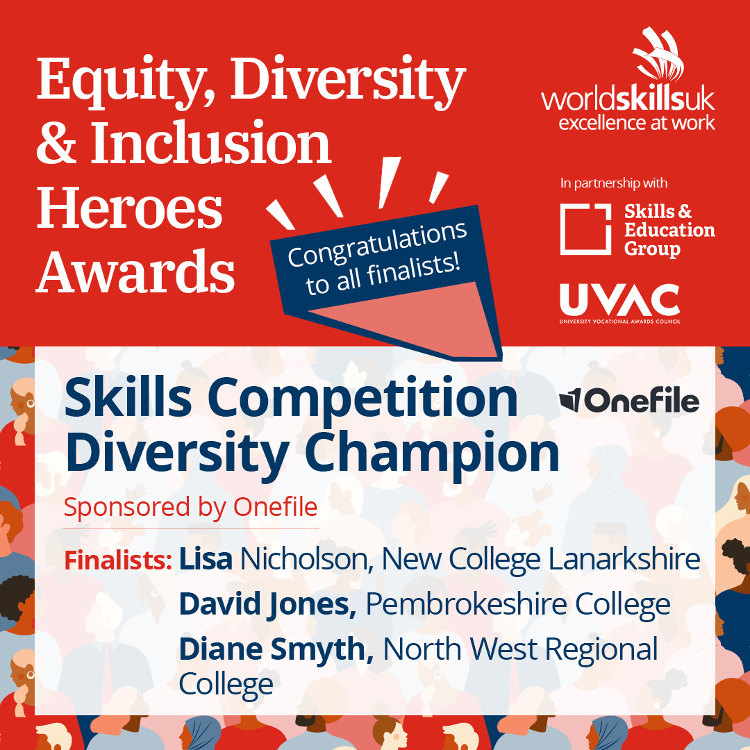 worldskillsuk's tweet photo. The EDI Heroes celebrate champions of diversity and inclusion in both organisations and the technical education sector!

Discover this year's finalists in the Skills Competition Diversity Champion category, supported by @OneFile.  https://t.co/hxDQ5172sP #EDIAwards https://t.co/WmWVXfMPs6