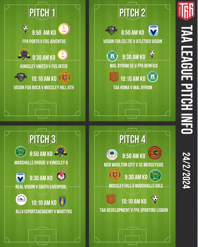 TaaLeague (@taa_league) on Twitter photo Fixtures for this Saturday 24/2/24
More exciting games with the goal of development and enjoyment for our young players
Development Centre on as usual, feel free to message for details
See you all Saturday! ⚽️🔥
<a href="/TiberFootball/">Tiber Football Centre</a> Fixtures for this Saturday 24/2/24
More exciting games with the goal of development and enjoyment for our young players
Development Centre on as usual, feel free to message for details
See you all Saturday! ⚽️🔥
<a href="/TiberFootball/">Tiber Football Centre</a>