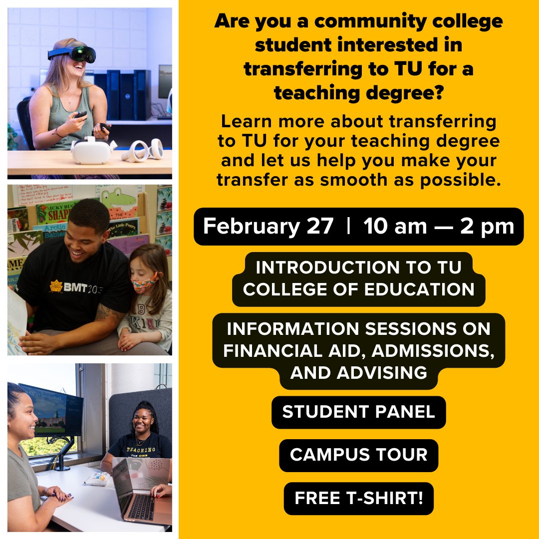 Calling all community college students! Are you interested in transferring to TU for your teaching degree? Join us next week to help you make your transfer as smooth as possible! Sign up here: forms.office.com/r/H1g6GcDh8Q