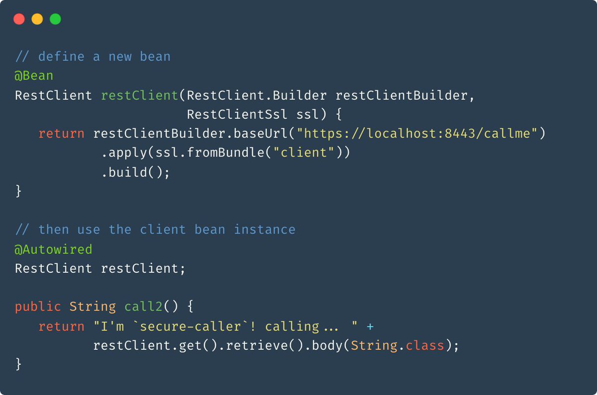 piotr_minkowski's tweet image. Spring Boot Tip 💡

Do you think about replacing 🍃`RestTemplate` with a new Spring `RestClient`? The SSL configuration is very simple thanks to 🔐`SslBundles` support through the `RestClientSsl` interface 👇

🏷️ #ssl #restclient #springboot