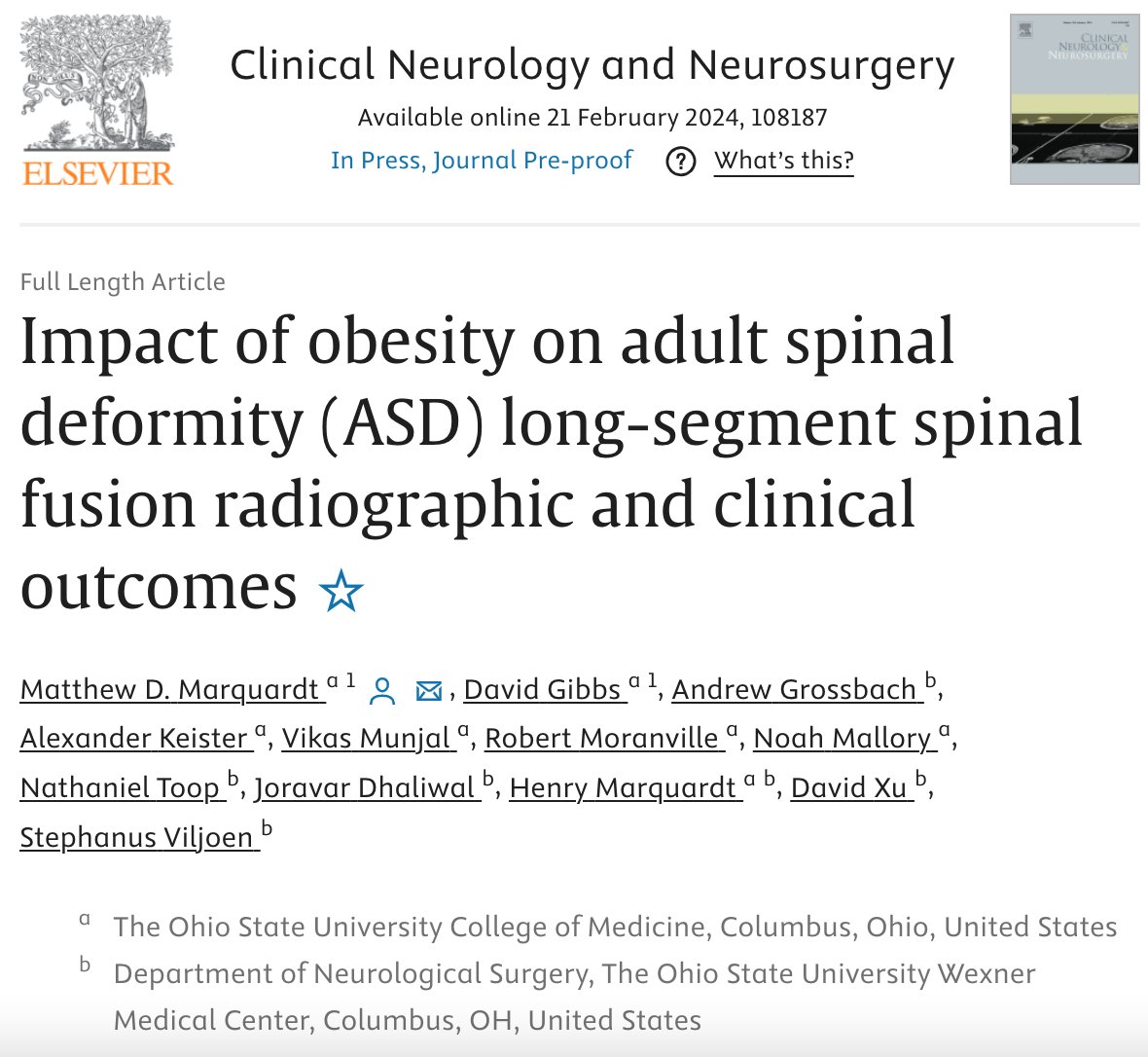 Patients who underwent long-segment spinal fusion for adult spinal deformity w/ a high BMI had no significant differences in patient-reported or radiographic outcomes. 
@MD_Marquardt1 @DavidGibbsIV @AJGrossbach @DavidSXu @ViljoenMd @NeurosurgeryOSU 
Link: go.osu.edu/sp1