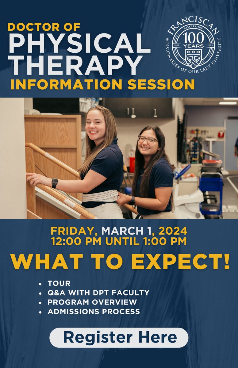 FranUbr's tweet image. Discover exciting opportunities for your future with FranU's Doctor of Physical Therapy (DPT)
program! Join our on-campus information session at the Health Professions Building (7443
Picardy Ave.) to gain valuable insights into the DPT program. #FuturePT #PhysicalTherapist