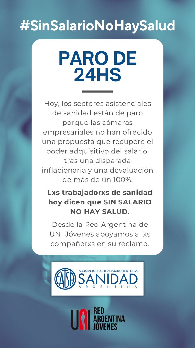 #SinSalarioNoHaySalud 

<a href="/hectordaer/">Héctor Daer</a> 
<a href="/AtsaBsAs/">A.T.S.A. Bs.As</a>
<a href="/marcio_monzane/">Marcio Monzane 🇧🇷🇨🇴🇺🇾</a> 
<a href="/uniglobalunion/">UNI Global Union</a> 
<a href="/uniamericas/">UNI Américas</a> 
<a href="/uni_youth/">UNIYouthGlobal</a>