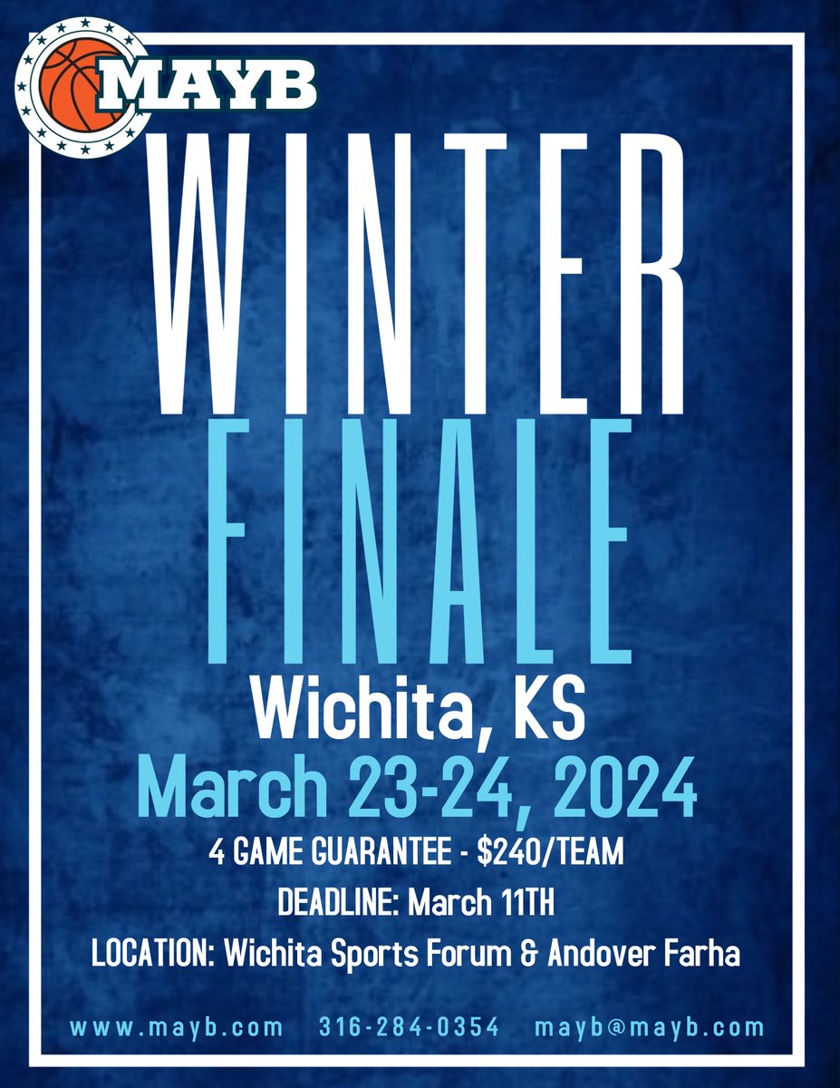 Join us for an epic Winter Finale this March! 🏀 Grades 1st-12th, multiple divisions, 4-game guarantee! Teams from across multiple states. Register now at mayb.com or call 316-284-0354! Don't miss out!