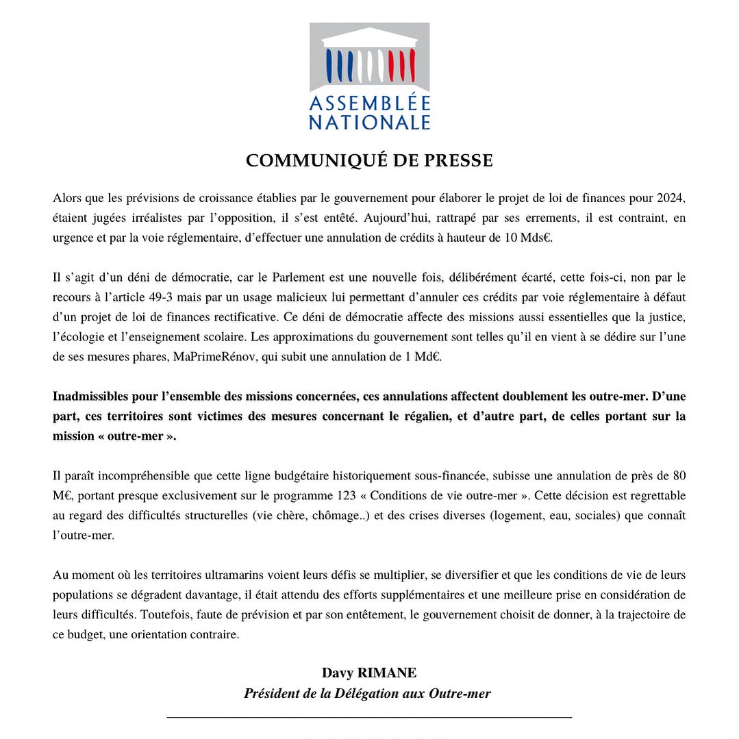 🚨 Aujourd’hui, rattrapé par ses errements, le GVT est contraint, en urgence et par la voie réglementaire, d’effectuer une annulation de crédits à hauteur de 10 Mds€. Inadmissibles pour l’ensemble des missions concernées, ces annulations affectent doublement les outre-mer.