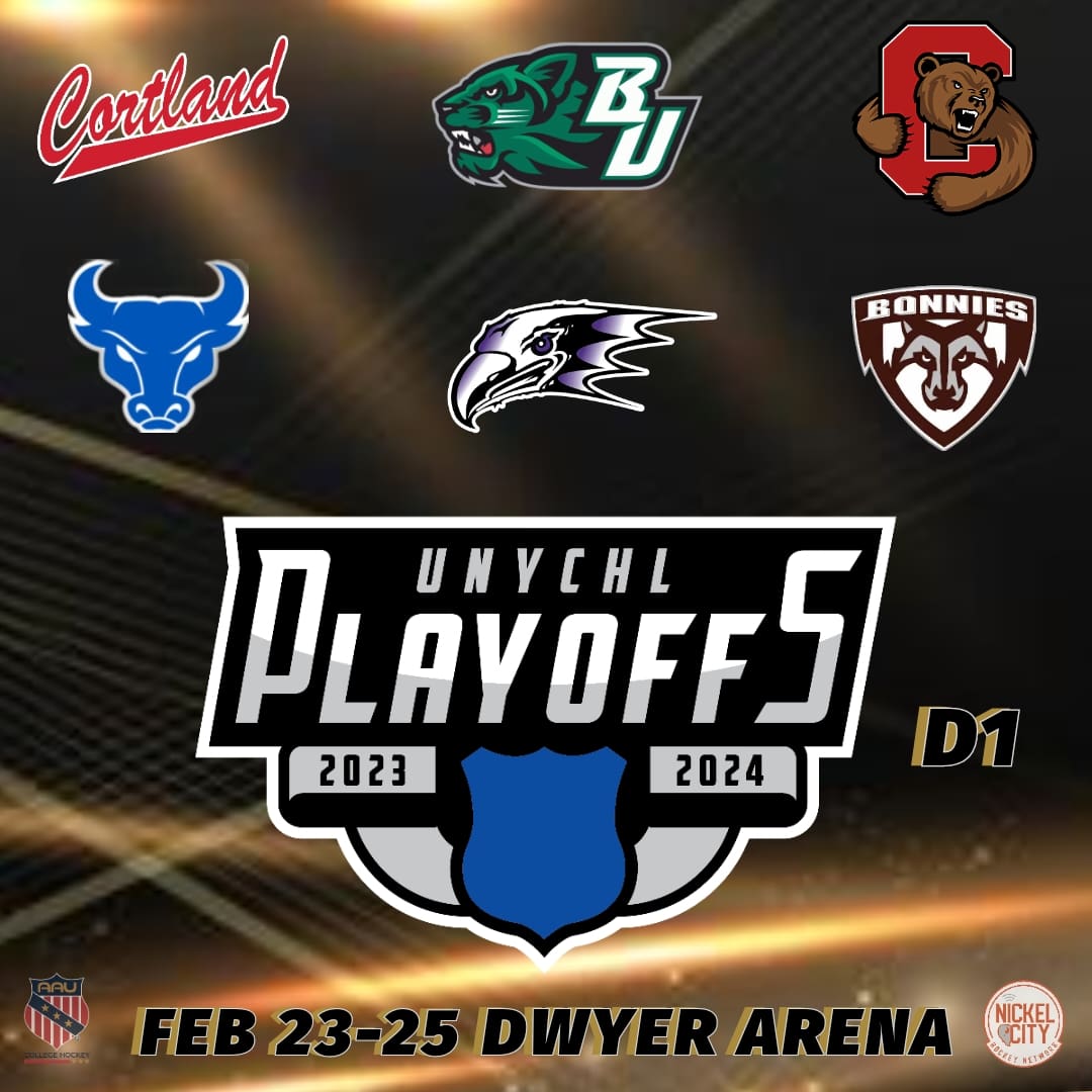 The @UNYCHL D1 Playoffs start Friday on Nickel City Hockey Network 

QF Gm 1 (5pm)- <a href="/NiagaraAAU1/">Niagara University ACHA 2 Hockey</a> vs <a href="/hockey_cortland/">Cortland Club Hockey</a>
Livestream: youtube.com/live/yj5k6-IWt…

QF Gm 2 (8pm)- <a href="/CUachahockey/">Cornell CHF Hockey</a>
vs <a href="/ub_hockey_aau/">Buffalo Men’s AAU Ice Hockey</a>
Livestream: youtube.com/live/_oT0WltRs…

@AAUCollegeHoc