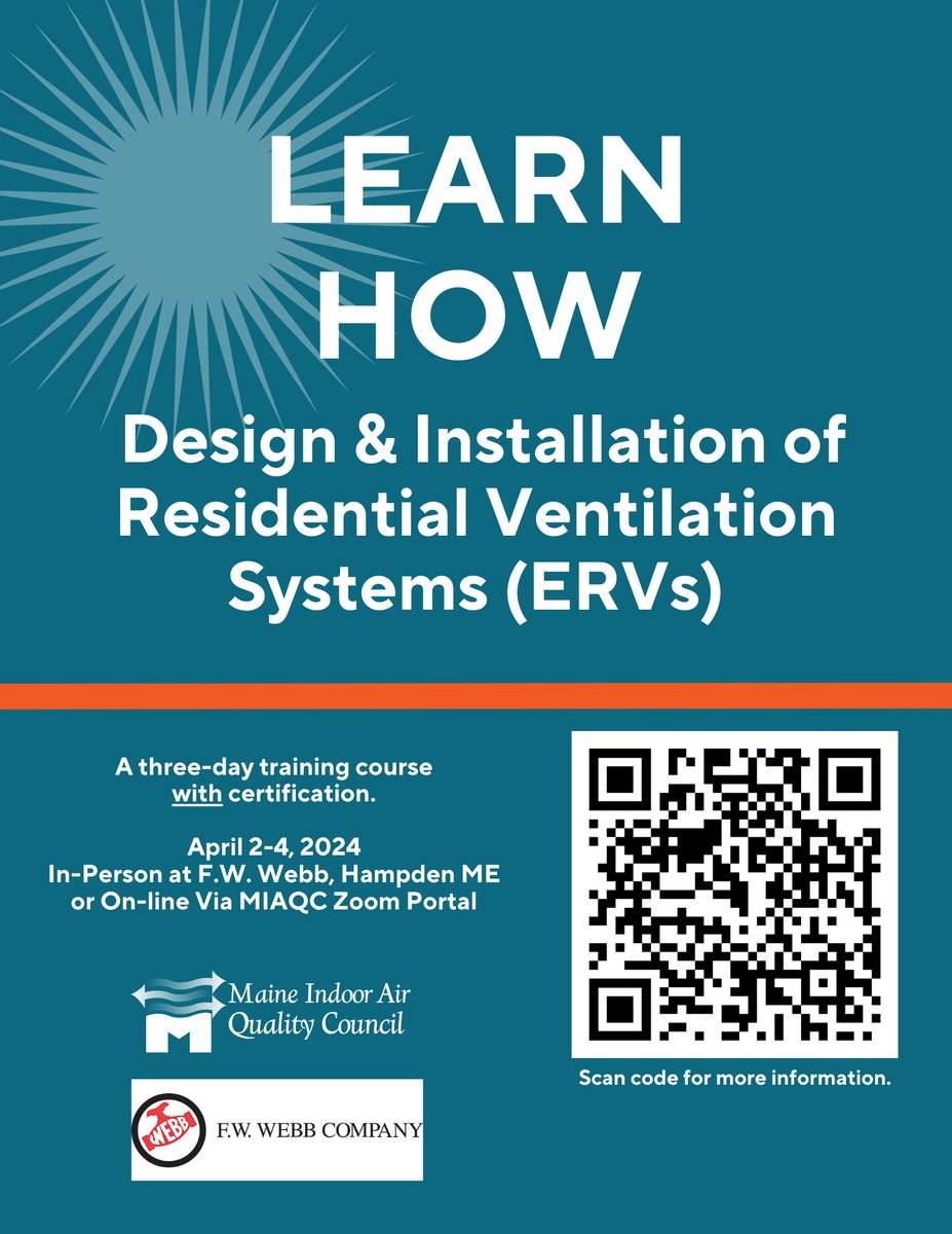 Next training series starts April 2 in Hampden, Maine.  Zoom option for all available.  50% scholarships available for all Maine residents or employees of Maine-based companies.  Learn more at maineindoorair.org/ventilation-in….