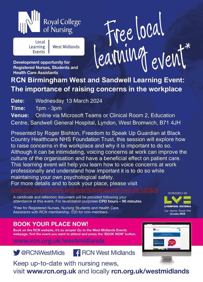 Don't miss the learning event organised by @BhamWSwellRCN @RCNWestMids on one of the important topics 'Raising Concerns at workplace'. Book your place now. @RCNNRN @theRCN @ftsuswb @BCHFTSpeakUp @Banma2023 @MelR4970 @MuflihiAfrah @FriezaMahmood @NHSBeeky @doc_hnaqvi @DinahMcL