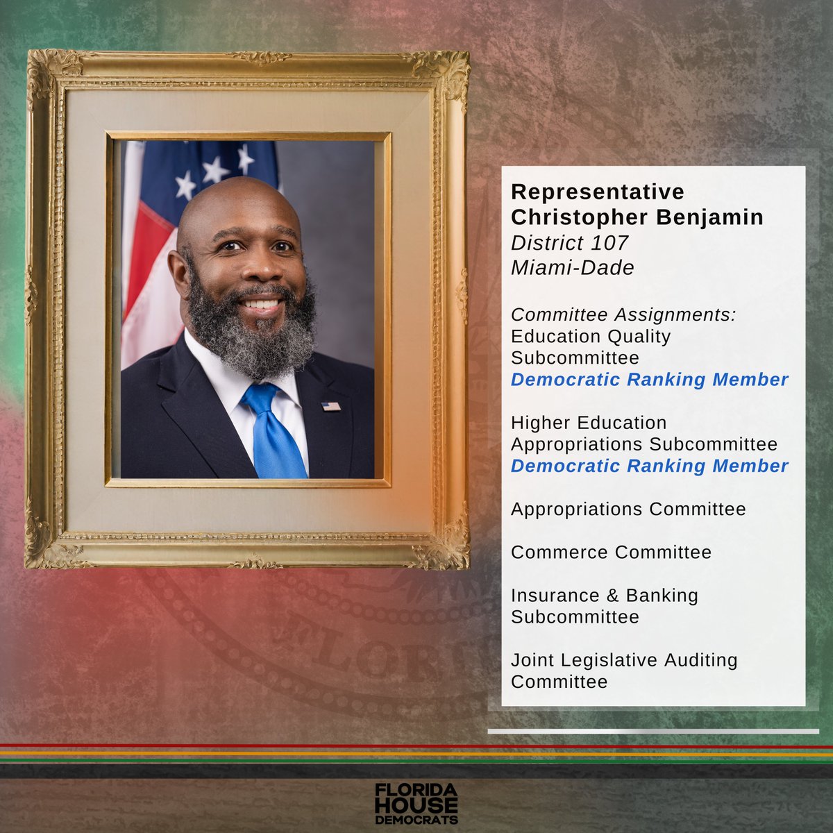 FLHouseDems's tweet image. #BlackHistoryIsAmericanHistory

Today we recognize @repcbenjamin. Representing part of Miami-Dade County, Rep. Benjamin was first elected to the Florida House in 2020. In his free time, he enjoys gardening, golfing, and watching movies.
