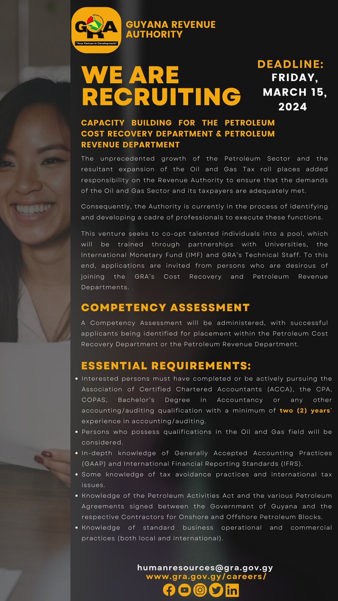 GRAupdates's tweet image. 𝐉𝐎𝐁 𝐎𝐏𝐏𝐎𝐑𝐓𝐔𝐍𝐈𝐓𝐈𝐄𝐒

The GRA is inviting applications from talented persons who are desirous of joining the GRA’s Cost Recovery &amp;amp; Petroleum Revenue Departments. 
For additional details, visit gra.gov.gy/careers/petrol… 

#jobopportunities #PetroleumIndustry #GRAJobs