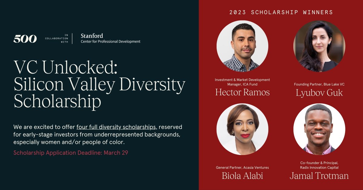 vcunlocked's tweet photo. We are excited to offer four full diversity scholarships for #VCUnlocked: Silicon Valley. At 500 Global, we value diversity and inclusion and are committed to bringing together a diverse cohort of participants.
The scholarship deadline is March 29, 2024: https://t.co/w4zxPAUWCB https://t.co/8axFy90jP8