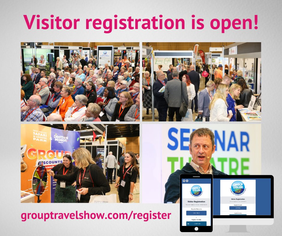 GroupTravelShow's tweet photo. Exciting news... visitor registration is open! Sign up to join us for a free day of group travel inspiration on Thursday 3rd October at the Marshall Arena in Milton Keynes!

👉 https://t.co/9K8mhjyUPq https://t.co/sxNRox3U7k