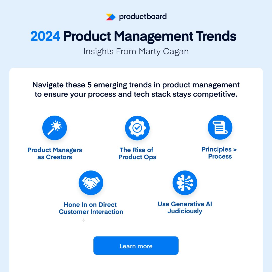 We've teamed up with @cagan to bring you the 5 essential trends for product teams in 2024. Learn how to: 💡 Transition to value-driven strategies 🤝 Enhance direct customer engagement 💼 Bolster support for Product Ops Get the goods today! bit.ly/48qu5Ql #ProdMgmt
