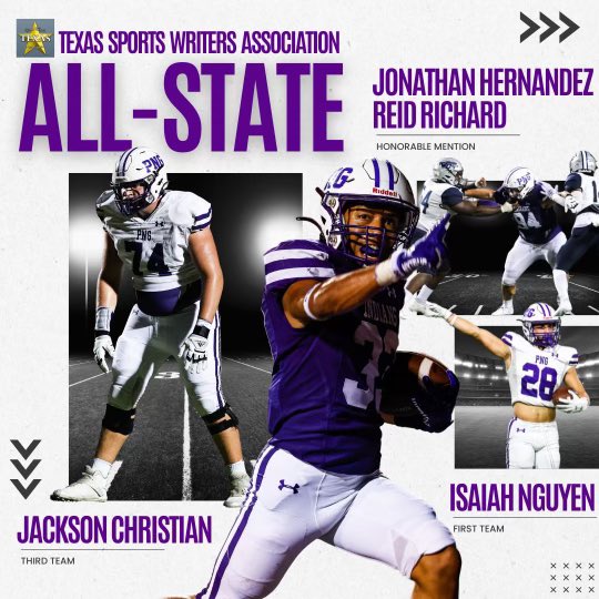 Congratulations to these men on their All State selection by the Texas Sports Writers Association @IsaiahNguyen23 @JackC_25 @Reid_Richard24 @Jonathan_H947 #HonorPrideTradition #ScalpEm