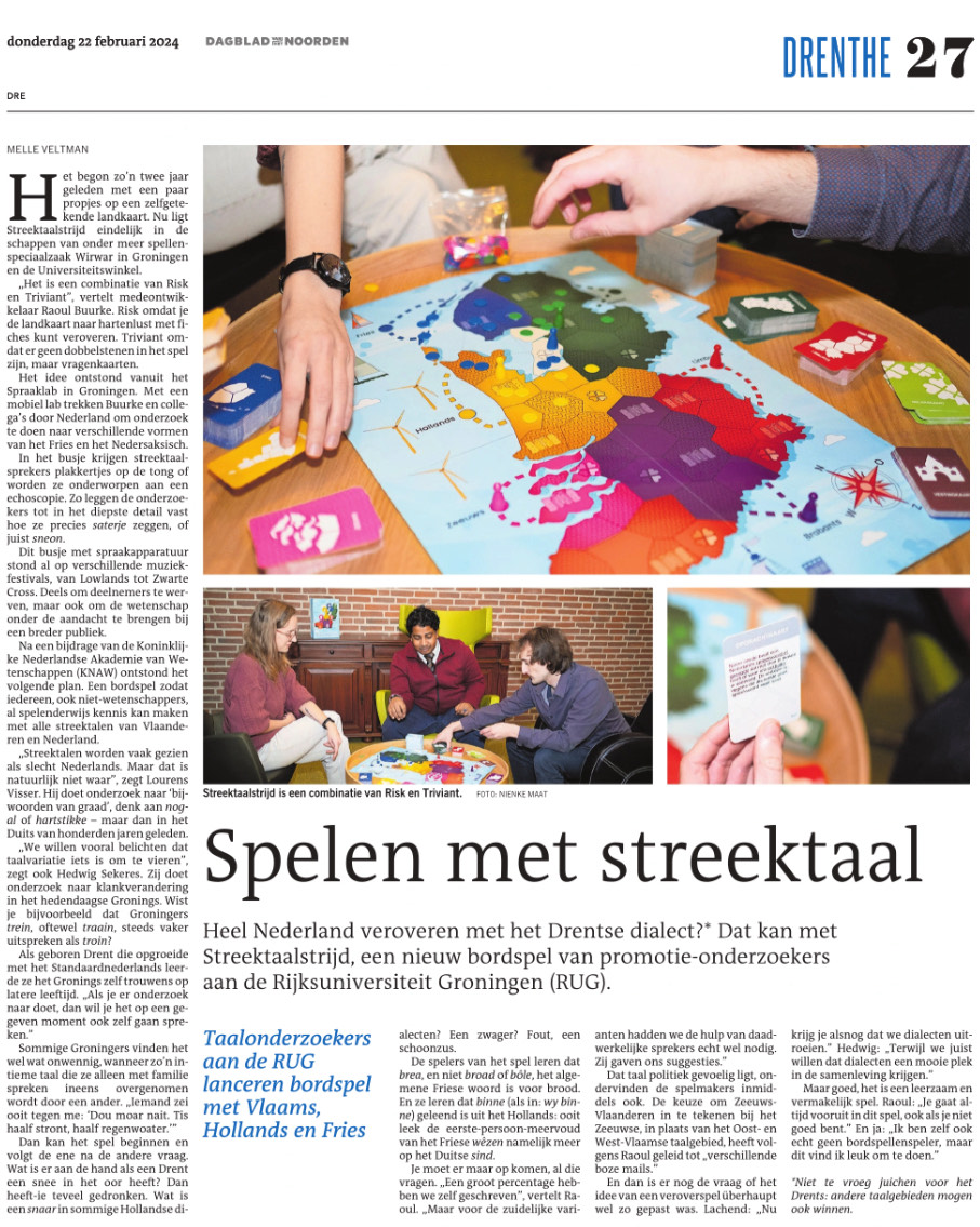 Er is veel media aandacht voor ons @univgroningen @FacultyofArtsUG @SLG_UG bordspel #Streektaalstrijd! Helaas is de 1e druk hierdoor inmiddels nagenoeg uitverkocht. 2e druk volgt in april bij onze RUG universiteitswinkel! Een media overzicht staat hier: streektaalstrijd.nl/in-de-media.