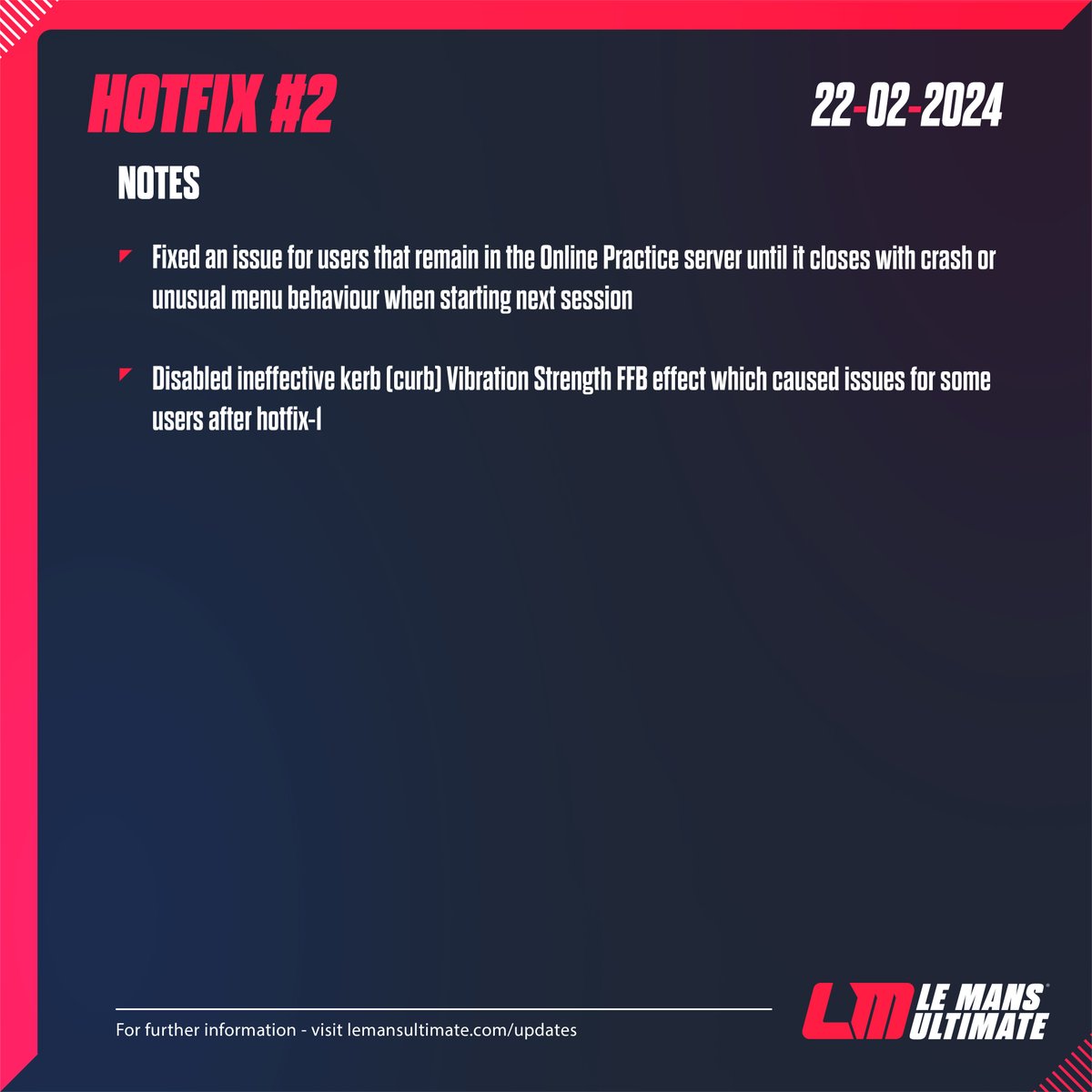LeMansUltimate's tweet photo. Fresh in, our second Hotfix for Le Mans Ultimate 🛠️

🔗 Hotfix #1 - https://t.co/Bhn8YlyIGK

🔗 Hotfix #2 - https://t.co/fZEswDIzCf

#LeMansUltimate #WEC #LeMans24 https://t.co/eLb3iXMzZt