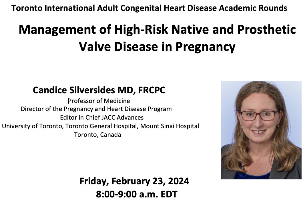Rafa Alonso (@ralogon) on Twitter photo This week in the Toronto International ACHD Rounds, Professor Candice Silversides will discuss the Management of High-Risk valve disease in pregnancy. Please join us live at meet.goto.com/403307541
<a href="/TorontoACHD/">Toronto ACHD Program</a> <a href="/CandiceSilvers1/">Candice Silversides</a> <a href="/PMunkCardiacCtr/">Peter Munk Cardiac Centre</a> #ACHD This week in the Toronto International ACHD Rounds, Professor Candice Silversides will discuss the Management of High-Risk valve disease in pregnancy. Please join us live at meet.goto.com/403307541
<a href="/TorontoACHD/">Toronto ACHD Program</a> <a href="/CandiceSilvers1/">Candice Silversides</a> <a href="/PMunkCardiacCtr/">Peter Munk Cardiac Centre</a> #ACHD