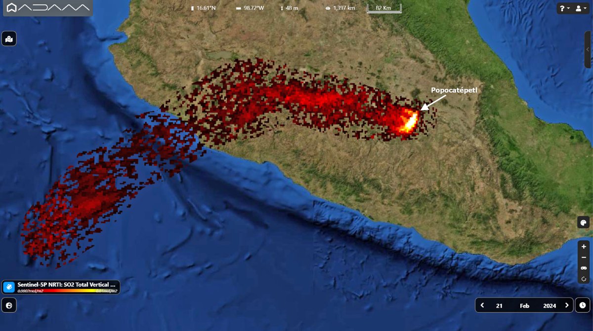 The strong volcanic activity of #Popocatepetl #volcano from #space. 
The #Copernicus #Sentinel5p detected on Feb. 21 the long plume of SO2 from the #eruption. #Mexico #AirQuality #AmarilloFase2 
@geologoenapuros