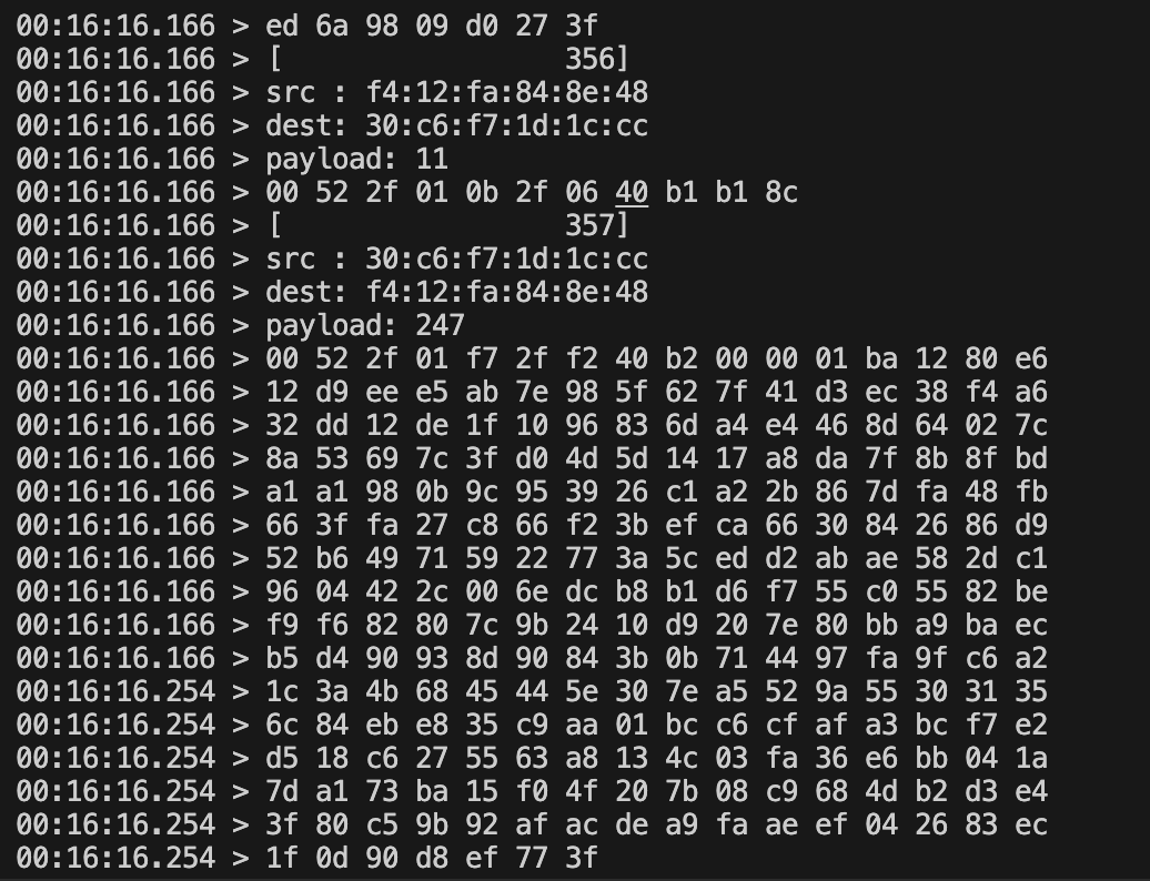 GOB_52_GOB's tweet photo. #M5Stack で #ESP_NOW パケットを Sniffing する奴ができたかな...。
Core0 WDT の回避と出力とキャプチャの速度差の吸収にちょい苦労した。
まとめて公開予定。 https://t.co/yA1MFIARxE
