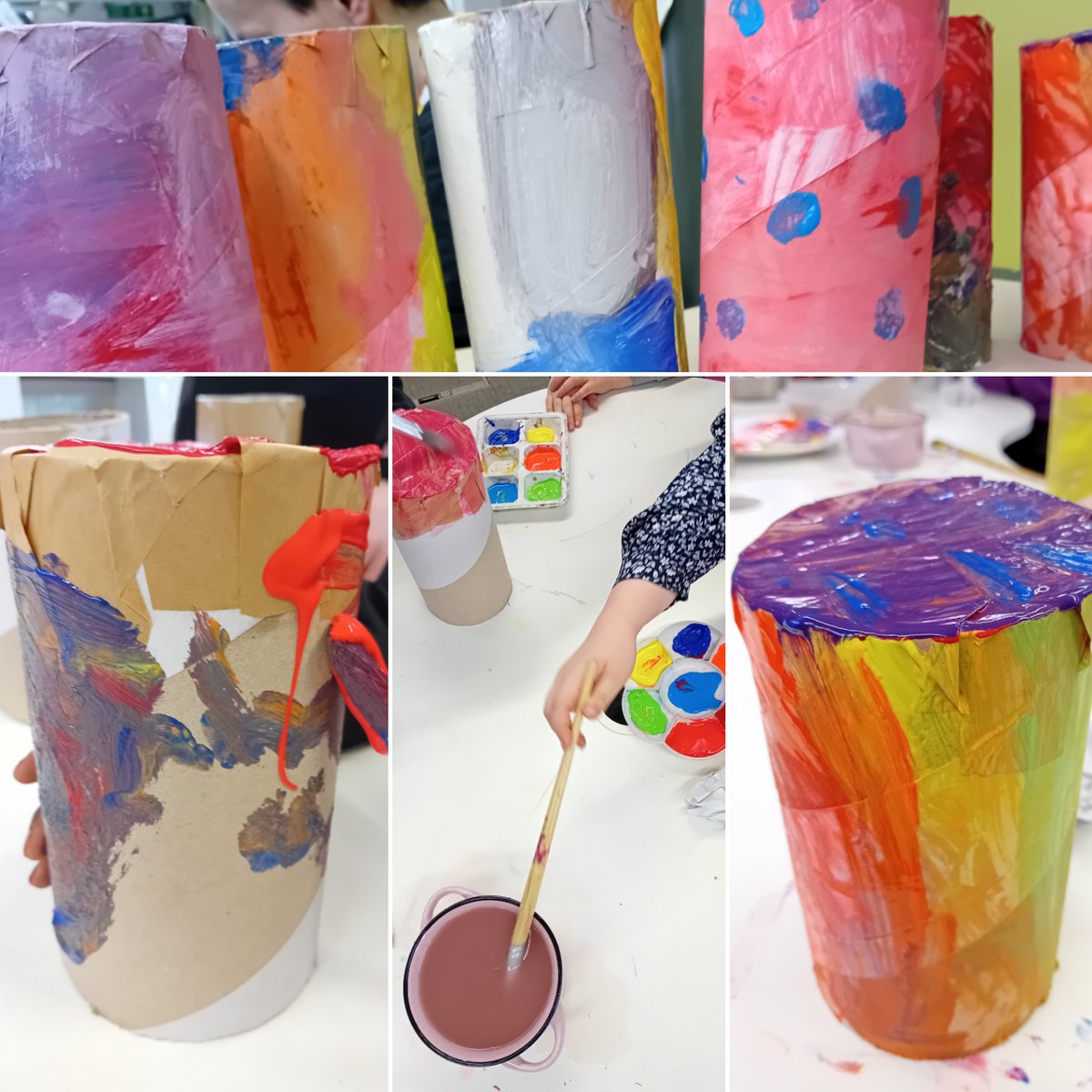cathlindow's tweet photo. Drums drums drums! The 'skins' are gum tape. The drums are sawn-down carpet tubes. Perfect surfaces for painting on and a half-decent sound too. Nobody says 'shush' in THIS library. #librarylife #librarycrafts https://t.co/SvFvTw6UbN