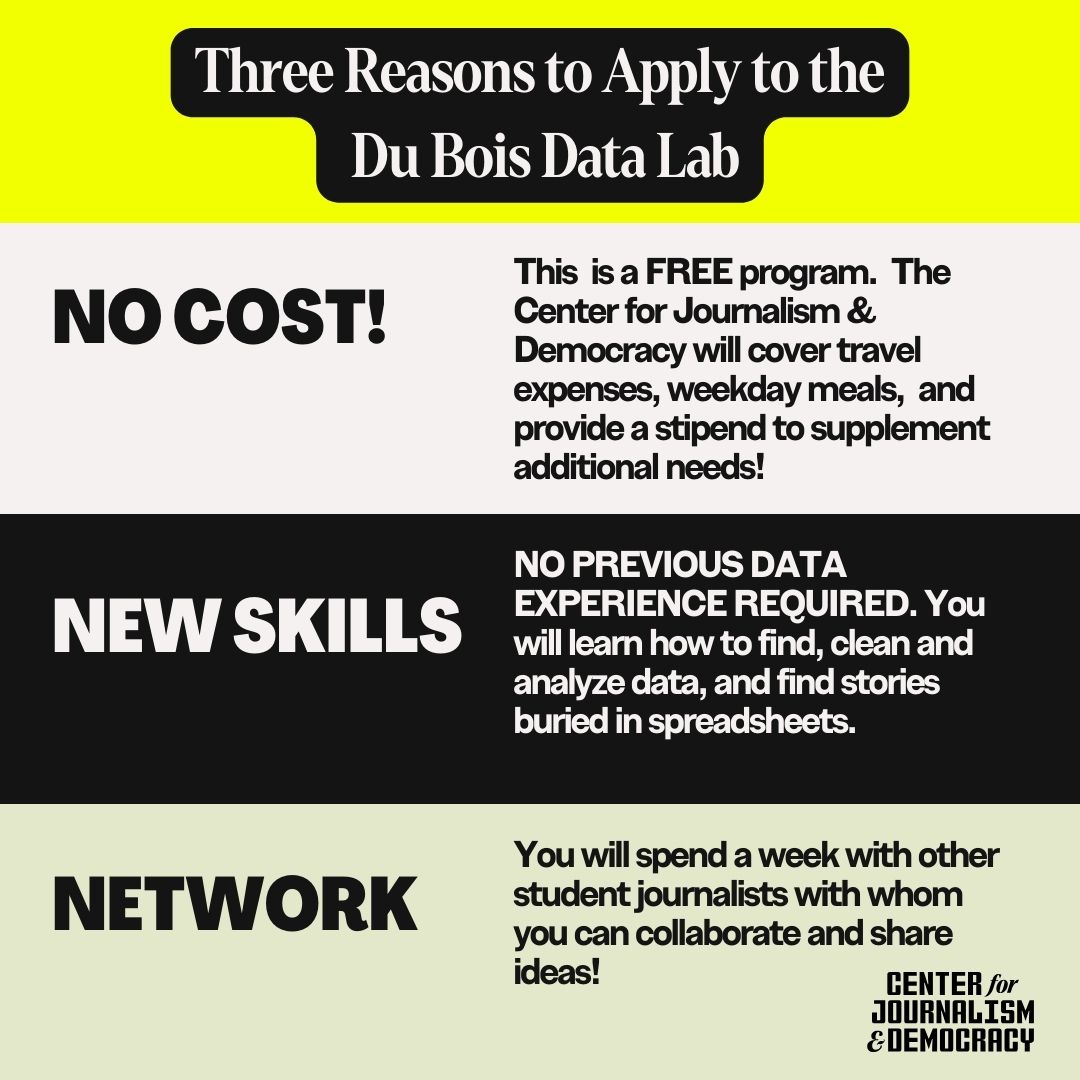 The Du Bois Data Lab summer workshop is free and will help students build new data analysis skills and introduce the tools for data-driven reporting. 4 days left to apply! bit.ly/DuBoisDataLab