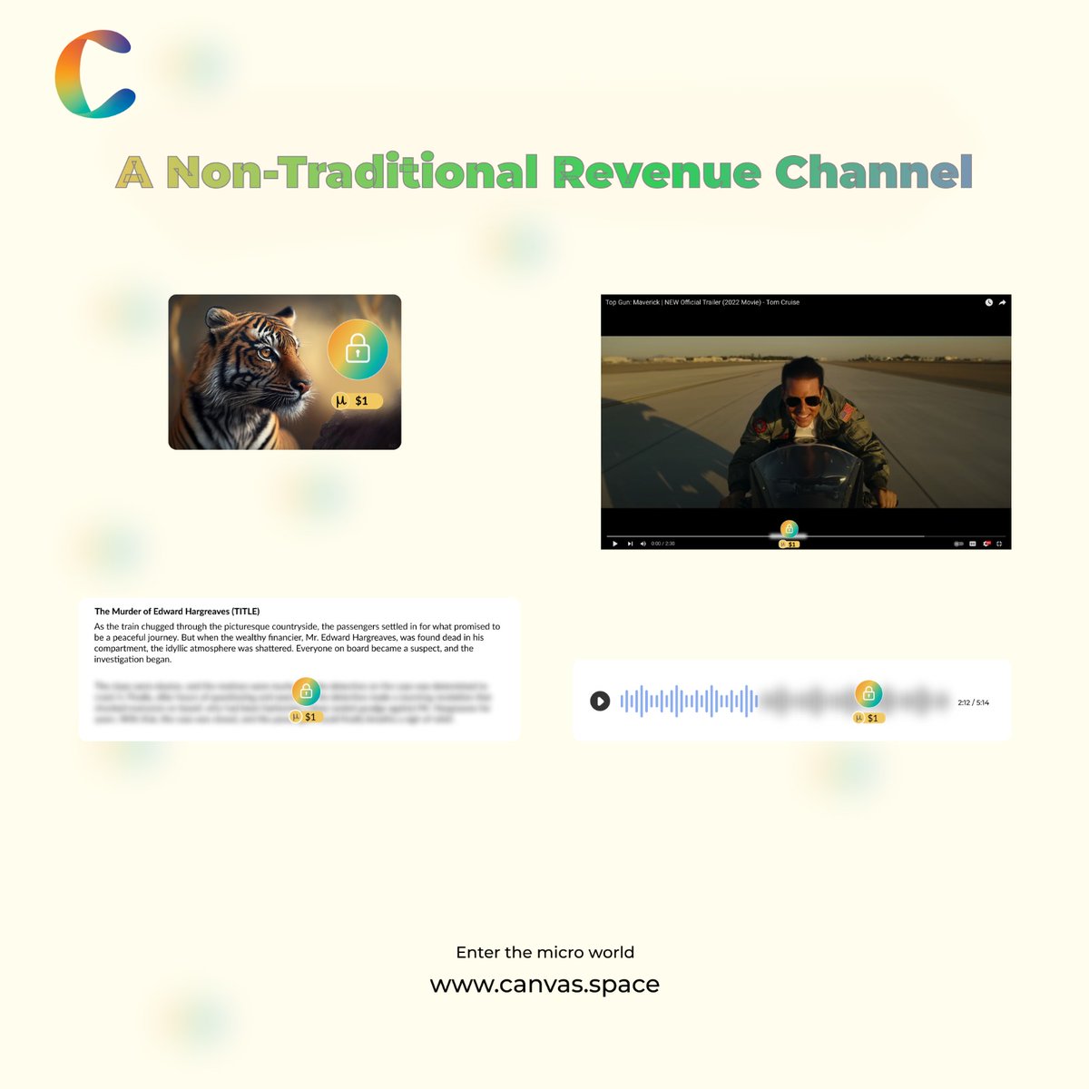 Turn every click into currency.💰 Diversify your revenues, deepen audience engagement, and satiate impulsive purchase behaviour with micro-content-monetization. 

Ready to supercharge revenues for your media company? 

Learn more :📃 lnkd.in/g5ZxXXAn

#CanvasSpace