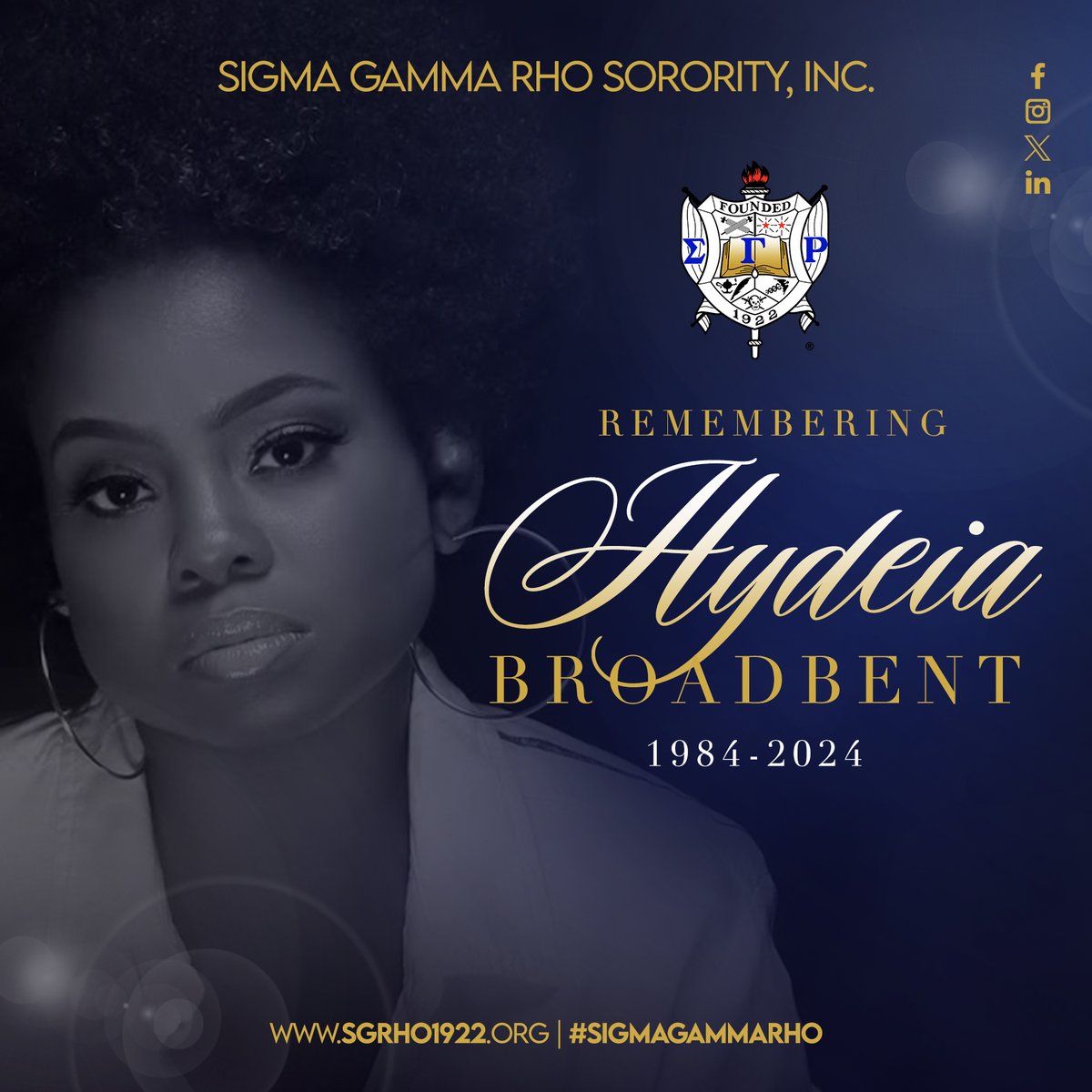 Sigma Gamma Rho Sorority, Incorporated mourns the loss of Soror Hydeia Broadbent. #SigmaGammaRho #GreaterWomenGreaterWorld #HydeiaBroadbent