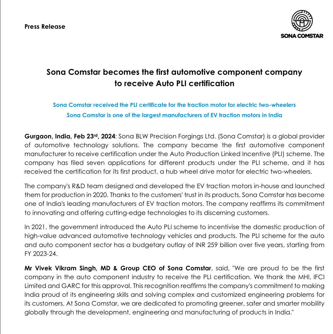 Sona Comstar becomes the first automotive component company to receive Auto PLI certification ✅

#sonacomstar #sabarisecurities