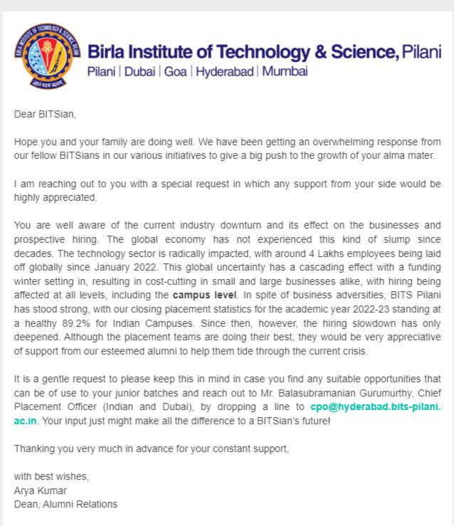 varunchoudhary2's tweet photo. BITS Pilani, India's one of the top colleges is facing issues with job placement and has asked for help from alumni.

This is the first time in last 20 yrs when colleges like IIM, IIT and BITS are struggling.

The BJP Govt has failed big time in providing jobs and opportunities in India.