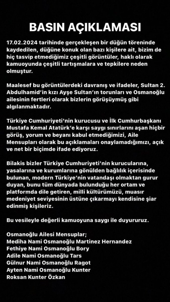 💥 Osmanoğlu ailesinden Şevki Yılmaz'a tepki:

 “Türkiye Cumhuriyeti'nin kurucusu Mustafa Kemal Atatürk'e karşı saygı sınırlarını aşan hiçbir görüş, yorum ve beyanı kabul etmediğimizi açık ve net bir biçimde ifade ediyoruz.”