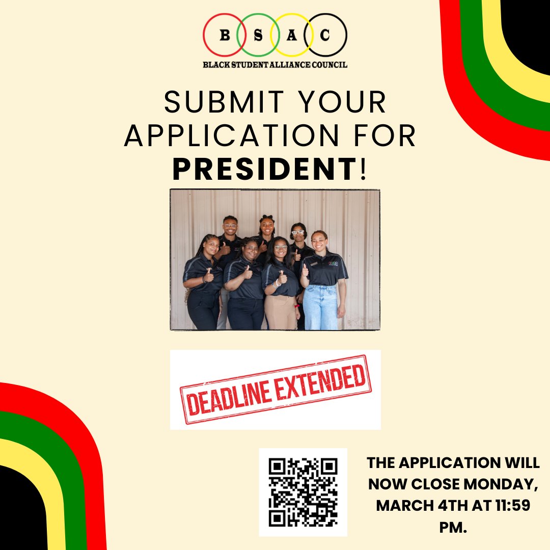 Howdy! The application deadline for the 2024-2025 BSAC president has been extended until Monday, March 4th, 2024 at 11:59 PM. Here is the link to the form: forms.gle/6S3zCDNmCRdVuw…